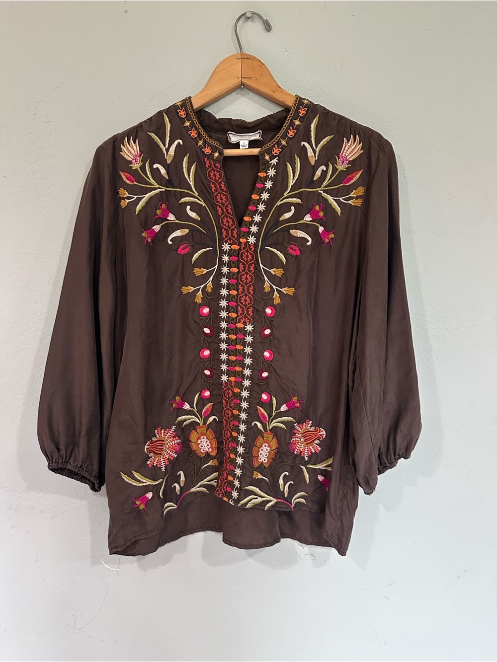 Johnny Was Chocolate Brown Embroidered Tunic with Pink & Gold Accents